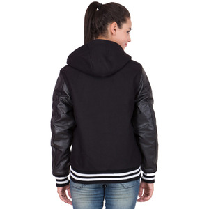 Veste universitaire à capuche pour femme, noire, manches en similicuir, mélange de laine, coupe-vent, manteau d'automne avec rayures contrastées, coupe classique - Product Image 2