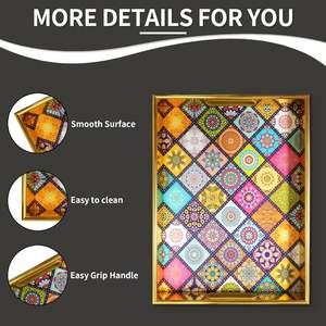 ถาดเสิร์ฟไม้ลายดอกไม้สีสันสดใส ดีไซน์ทรงสี่เหลี่ยมผืนผ้า งานฝีมือจากไม้เป็นมิตรกับสิ่งแวดล้อม น้ำหนักเบา เหมาะสำหรับใช้บนโต๊ะกาแฟ - Product Image 4