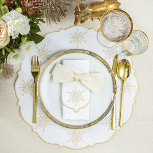 Custom Embroidered Gold <b>Snowflake</b> <b>Placemat</b> and Napkin Set White Cotton Gold Scallop Boarder Mats for Home Restaurants Events - Product Image 3