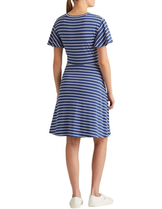 Vestido de Verano de Algodón Azul, Estilo Casual, con Rayas, Manga Corta, Largo a Media Pantorrilla, con Lazo Delantero, Talla Grande, Corte en A - Product Image 4