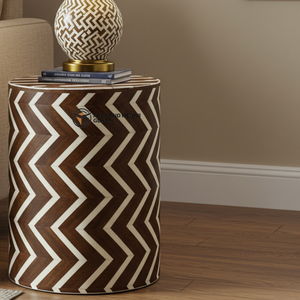 Handcrafted Brown <b>White</b> Bone Inlay Drum Side Table/<b>Nightstand</b> Chevron Pattern Accent End Table for Living Room Bedroom - Product Image 2