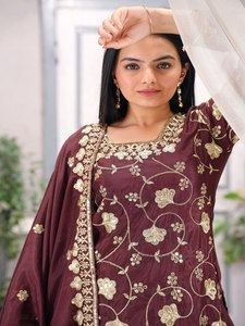 New Designer Heavy Pure Chinon Silk Long Pakistani Suit for Parties Featuring Fancy Style <b>Top</b> Sharara and Dupptta - Product Image 5