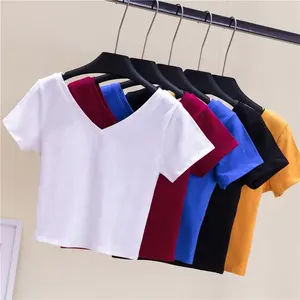 High Quality Ladies Crop Top with <b>V</b> <b>Neck</b> Plain Cropped <b>T</b>-<b>Shirt</b> Customized Logo Eco-Friendly Button Decoration - Product Image 1