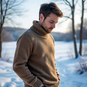 <b>Men</b> Knitted <b>Wool</b>/Polyester Winter <b>Sweater</b> Long Sleeve Stand Collar Breathable Windproof Mid-Weight Front Logo - Product Image 3