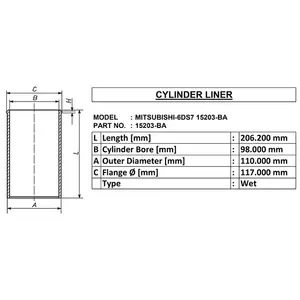Mitsubishi-6ds7 15203-ba для гильзы мокрого цилиндра oe 15203-ba id 98 od 110 Длина 206,2, сделано в Индии