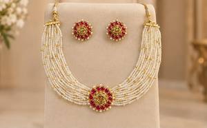 TISHYA DIAMOND Ethnic <b>Gold</b> Plated Alloy Flower Necklace and Earring <b>Set</b> with Imitation Pearl for Women Wedding <b>Jewelry</b> - Product Image 3