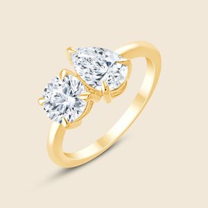 Bague ronde « Toi et Moi » pour un usage quotidien, avec 2 diamants ronds et en forme de poire cultivés en laboratoire, 1,00 carat F-VS, en or massif 14 carats - Product Image 2