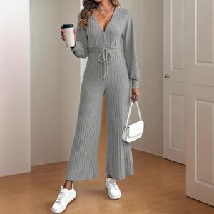 Mono ajustado de cintura alta de otoño con cuello en V con cordones sin mangas Color sólido pierna ancha 100% poliéster nuevos estilos 100K + vendido - Product Image 4