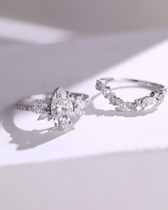 12x6mm Marquise Cut Moissanite Diamond Minimalist Bridal <b>Set</b> in Sterling <b>Silver</b> 18K Gold Plated | Engagement <b>Ring</b> Matching Band - Product Image 1