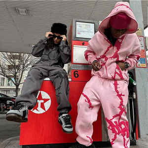 Ensemble survêtement homme en coton 220 g/m² imprimé avec logo personnalisé, sweat à capuche oversize avec fermeture éclair et pantalon de jogging léger décoré de strass - Product Image 1