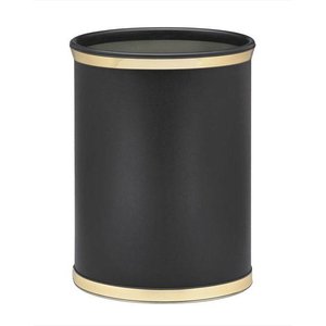 Cesta de basura de metal redonda hecha a mano de latón AK en acabado negro y dorado al mejor precio en India para decoración del hogar/Decoración de oficina - Product Image 1