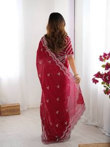 Diseñador indio estilo Bollywood Sari rojo granate Sari para mujeres tradicional boda fiesta recepción desgaste barato precio al por mayor - Product Image 3