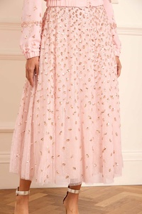 Maxi vestido de noche acampanado con cuello alto, gasa Pastel con bordado a máquina y volantes para bodas, fiestas de graduación - Product Image 5