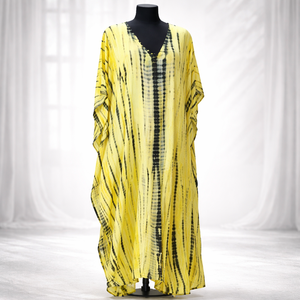 Kaftan long pour femme, col en V, tie-dye jaune et noir, tissu en viscose, vêtement décontracté pour se détendre, léger - Product Image 1