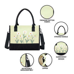 Green Floral Embroidered Tote Handbag Single Handle Canvas Felt Solid Color <b>Working</b> Women Shoulder Carry <b>Bag</b> Luxury Vibe <b>Bag</b> - Product Image 3