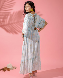 ชุดเดรสแขนสั้นคอวีพิมพ์ลาย lurex ชุดปาร์ตี้ยาวหรูหราน้ำหนักเบา - Product Image 5