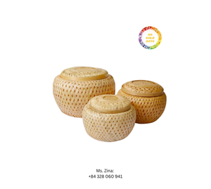 Cesta de almacenamiento de bambú redonda hecha a mano con tapa contenedor artesanal para dulces de té frutos secos de Vietnam - Product Image 1