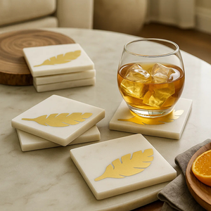 Sous-verres de forme carrée en marbre de luxe de qualité supérieure avec feuille de laiton gravée à la main tampons de boisson écologiques modernes pour bureau à domicile - Product Image 5