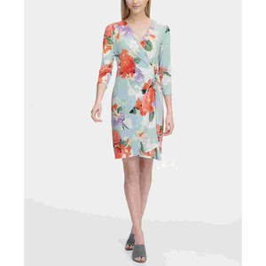 Abito lungo da donna Calvin Klein blu con stampa floreale, effetto avvolgente, taglia XL, traspirante, con vita naturale, ideale per la primavera - Product Image 1