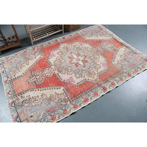 Vintage Turkish Rug, 4.4x6.9 ft Rug, <b>Red</b> Patchwork <b>Wool</b> Rug - Product Image 2