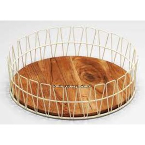 Hot Selling Round Shape Top Quality Acacia <b>Wooden</b> Base With White Color Powder Coated Heavy Duty Metal Fruit And Bread <b>Basket</b> - Product Image 1