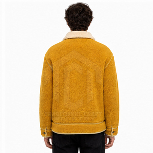 Veste d'hiver en polaire sherpa pour homme, personnalisée, épaisse, jaune moutarde, fermeture éclair intégrale, col rabattable, vêtement d'extérieur décontracté avec poche poitrine - Product Image 3