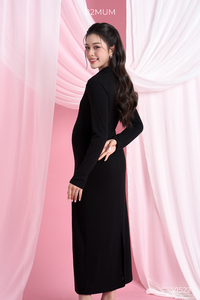 B2 MUM V1522 Suéter Negro de Manga Larga con Cuello en V, Tejido Suave y Grueso, Estilo Ajustado, Abertura Profunda en la Espalda, Transpirable y Ecológico - Product Image 6