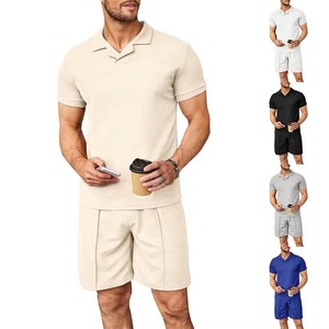 À la mode nouveau Style de rue hommes été gaufré col en V t-shirt col à revers manches courtes t-shirt hommes ensembles - Product Image 1