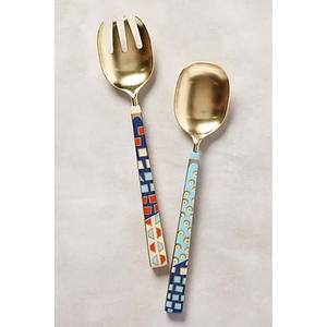 Ensemble de serveurs à salade en métal argenté poli avec poignée décorative longue et pointue en forme de miroir de qualité supérieure au Portugal - Product Image 4