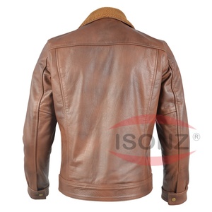 Chaqueta de Cuero para Hombre con Cuello de Piel Marrón, Venta al por Mayor ISONZ - Product Image 2