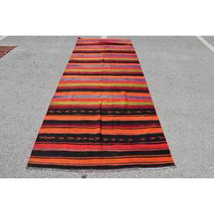 <b>Traditional</b> Wool Patchwork Design Area <b>Rug</b> Orange Black Striped 4.3 X 11.3ft Latex Backing for Bedside Hallway Room Large Size - Product Image 1