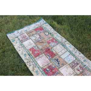 Vintage Turkish <b>Runner</b> Rug 2.8x8.4 ft, Green <b>Red</b> Solid Wool Rug - Product Image 5