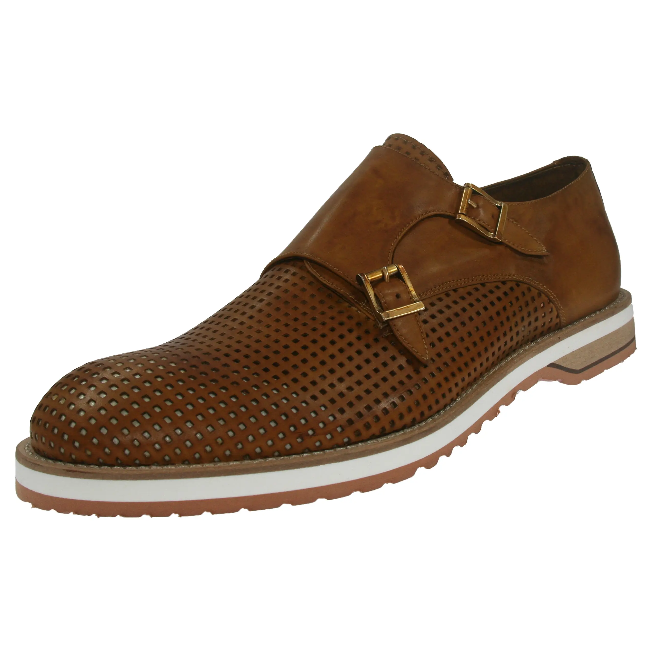 Men's casual double buckle shoe in fine leather-colored perforated calfskin handmade in Italy with vibram sole