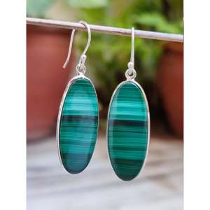 Handmade Fashion Sterling Silver <b>Dangle</b> <b>Earrings</b> Natural Malachite Long Oval Gemstone Jewelry Women's Birthday Anniversary - Product Image 4