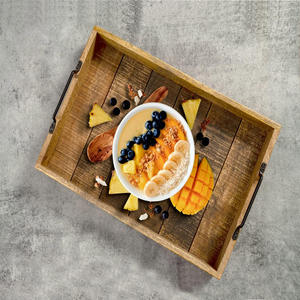 Bandeja de servicio Rectangular de madera de mango natural con asas de metal Patrón de restaurante en casa Mesa de comedor Bandejas para servir Servicio de alimentos - Product Image 3