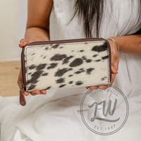 Cartera de Mano de Cuero Genuino para Mujer LW 2024 con Pinzas para Billetes, Cierre de Cremallera con Patrón Geométrico y Diseño Moderno