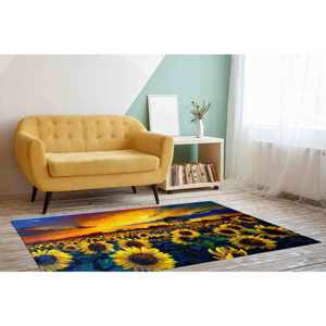 Tapis en laine imprimé patchwork motif champ de tournesols, style traditionnel, écologique, avec envers en latex, poils doux pour la décoration intérieure - Product Image 2
