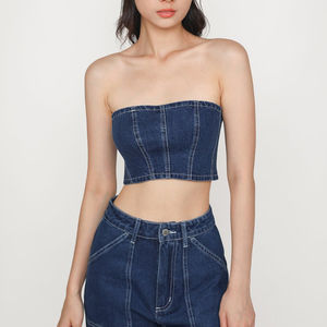 Wholesale <b>Tube</b> Top Denim Dress <b>Sexy</b> Slim Slit Print Street Style Cotton Fabric High Quality Casual women's shirt wholesale - Product Image 4