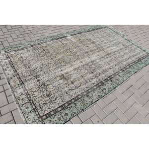 Vintage Vert Beige Laine Patchwork Tapis Grande Zone Rectangle 5.3X9.1 ft Motif Abstrait pour Couloir Chambre Tapis Viscose Latex - Product Image 2