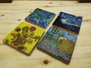 Sous-verres en marbre travertin inspirés de Van Gogh, ensemble de sous-verres en pierre naturelle artistique avec support - Product Image 3