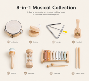Juguetes Montessori, Instrumento de Percusión de Madera Maciza Ecológico, Juego de 8 Piezas, Xilófono, Sonajeros para Bebés, Instrumento Orff de Madera, Juego de Regalo - Product Image 2