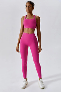 Superventas Atlético elástico Fitness Wear Yoga Gym Set Venta caliente 2 piezas Set Magenta Color Mujeres Flex 3 piezas Leggings Set - Product Image 3
