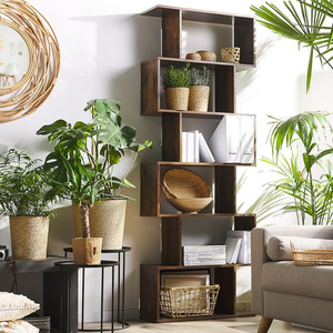 Ziva 6-tier <b>Bookshelf</b> Made From Solid Teak <b>Wood</b> with a Glossy <b>Dark</b> Brown Finish for Room and Office Display Shelves. - Product Image 1