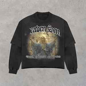 T-shirt de mode à impression personnalisée, manches longues doubles, délavé à l'acide, ample, pour homme - Product Image 4