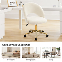 Chaise de courtoisie moderne pivotante en tissu Teddy à hauteur réglable avec dossier incurvé et base en métal doré et roulettes pour le maquillage de la chambre à coucher