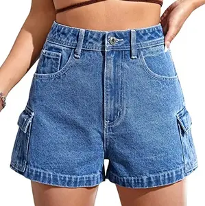 Thời Trang Phụ Nữ Màu Xanh Quần Short Jean Cao Eo Bermudas Cổ Điển Cotton Làm Quần Short Denim Tùy Chỉnh Thiết Kế Của Phụ Nữ Denim Quần Short Jean