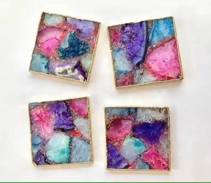 Malt-<b>Coloured</b> Resin Agate Drinkware Square Coasters Platters and Gold-Plated <b>Stone</b> Mats & Pads in Elegant Agate Style - Product Image 1