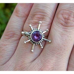 Handmade Boho <b>Statement</b> <b>Ring</b> for Women Fashionable Amethyst Gemstone Set in Sterling Silver Unique Inlay Design Gift for Her - Product Image 2