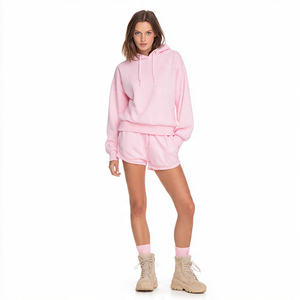 Ensemble de survêtement pour femme en molleton 500 g/m², à capuche, uni, antibactérien, respirant, streetwear d'hiver, deux pièces, sweat-shirt à capuche et short de survêtement - Product Image 1