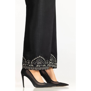 Pantalon en crêpe de soie brute 100% noir, taille haute, anti-plis, brodé TR-24-24 - Product Image 1